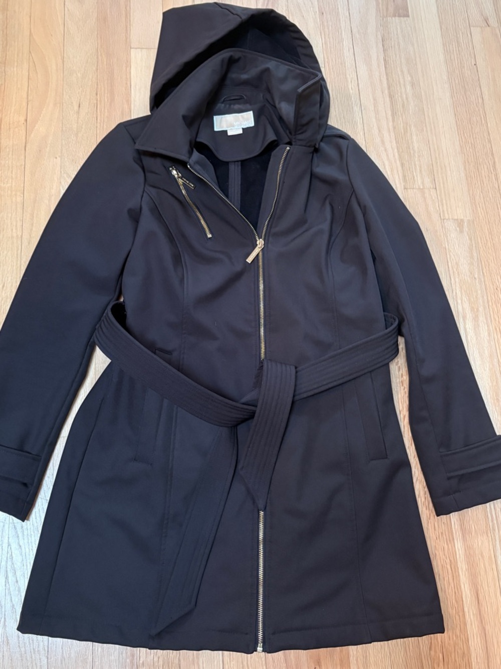 Michael Kors Hooded Black Trench Coat with Belt and Gold Zippers